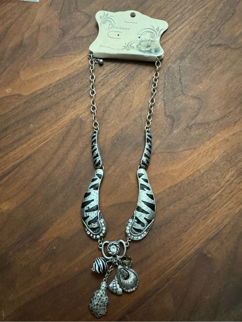 Dreamer Brand Silvertoned Zebra Print Dangle Statement Necklace w/Beaded Accents